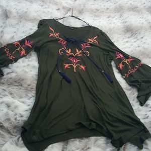 Dark green tunic top with multi-color embroidery